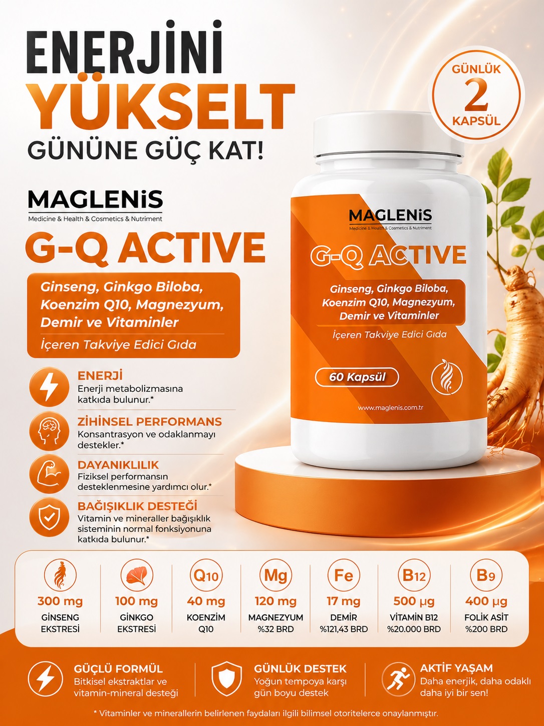 Maglenis G-Q Active – Ginseng ve Koenzim Q10 Enerji Takviyesi